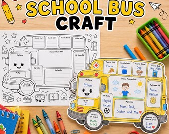 All About Me School Bus Craft, Back to School Activity, First Day of School Printable, Kindergarten Worksheet, Classroom Bulletin Board