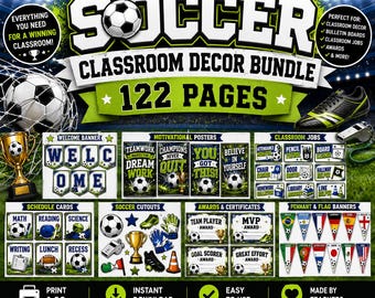 Soccer Classroom Decor Bundle, Soccer Bulletin Board Kit, Sports Theme Classroom Decor, Classroom Jobs, Awards, 122 Pages PDF
