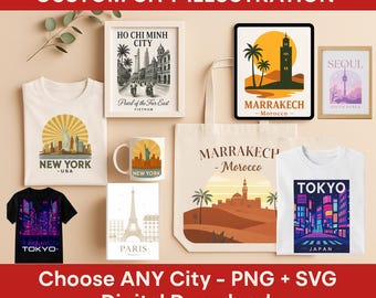 Custom City Illustration PNG SVG | Personalized Travel Poster | Vintage Skyline Design | Retro City Art