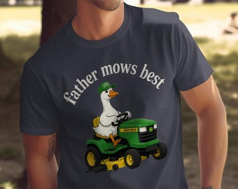 Father Mows Best png, funny dad lawn mower png, goose riding mower design, lawn care humor graphic, dad joke png