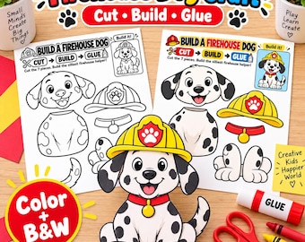 Firefighter Dog Craft Printable, Firehouse Dalmatian Cut and Paste, Fire Safety PDF
