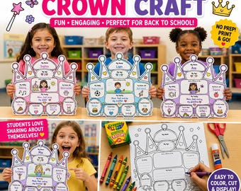 All About Me Crown Craft, Back to School Activity, First Day of School Printable, Kindergarten Worksheet, Crown Craft PDF