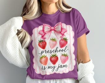 Preschool is My Jam png, strawberry bow png, first day of preschool design, coquette teacher graphic, cute school png