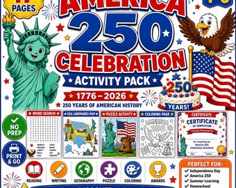 America 250 Activities for Kids | 4th of July Worksheets | Independence Day Printable | USA History Unit Grades 1-3 PDF