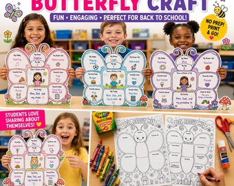 All About Me Butterfly Craft, Back to School Activity, First Day of School Printable, Kindergarten Worksheet, 2 Templates PDF