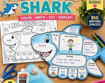 All About Me Shark Craft | Back to School Activity | Bulletin Board Craft | Shark Writing Activity | First Week of School PDF