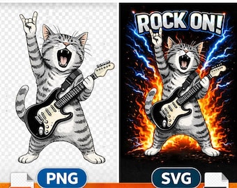 Rock On Cat SVG PNG: Funny Guitar Playing Cat Rock And Roll Music (Digital Download)