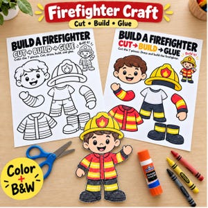 May include: A firefighter craft activity set featuring two printable sheets with black and white and coloured illustrations of a firefighter character, a yellow helmet, jacket, trousers, and boots, alongside blue scissors, a glue stick, and three crayons.