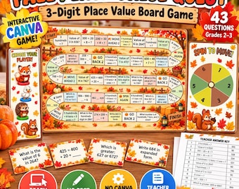 2nd Grade Place Value Game, 3 Digit Numbers Math Game, Fall Math Activity, Interactive Canva Board Game, Math Center