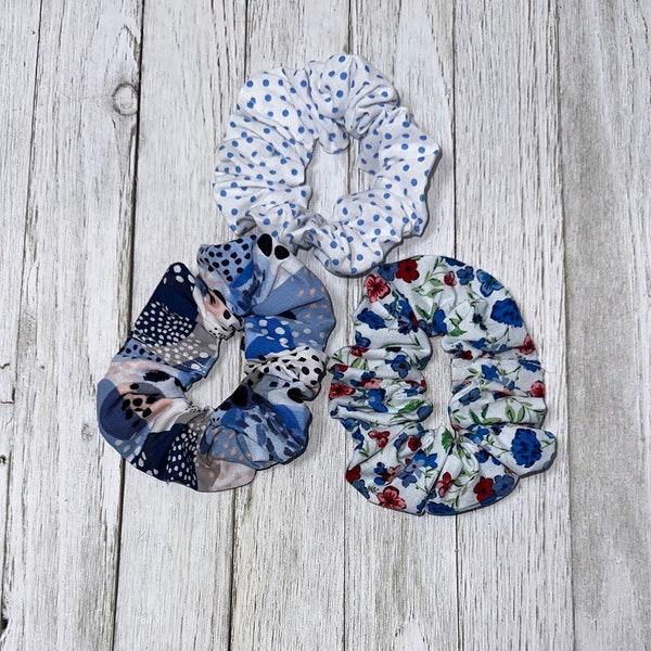 Scrunchies Adult Size, Choice of Light Blue Dots, Blue Geometric, Red & Blue Floral, Hair Ties, Accessories, Cotton Fabric