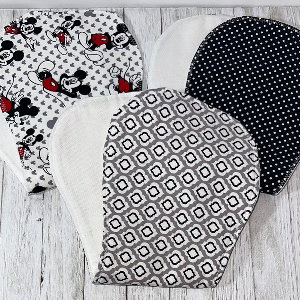 BABY BURP CLOTH, Your Choice of Prints, Handmade, Shower Gift, Burp Rags, Feeding Time, Infant Supplies, Mickey Mouse, Black Gray Prints
