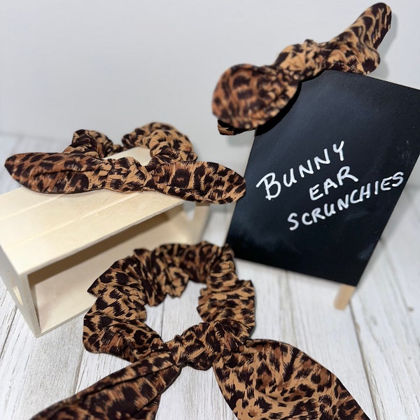 BUNNY EAR SCRUNCHIES, Adult or Child Sizes, Leopard Print, Hair Accessories, Detachable Bunny Ears