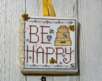 Cross Stitched Wall Hanging "BE HAPPY", Ready to Hang with Ribbon Loop, Approximately 4" x 4", Handmade