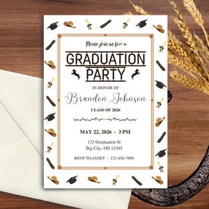May include: A graduation party invitation with a white background and gold accents. The invitation includes the text "GRADUATION PARTY" and details for the event, including the date, time, and location. Decorative elements include graduation caps, scrolls, and cowboy hats.
