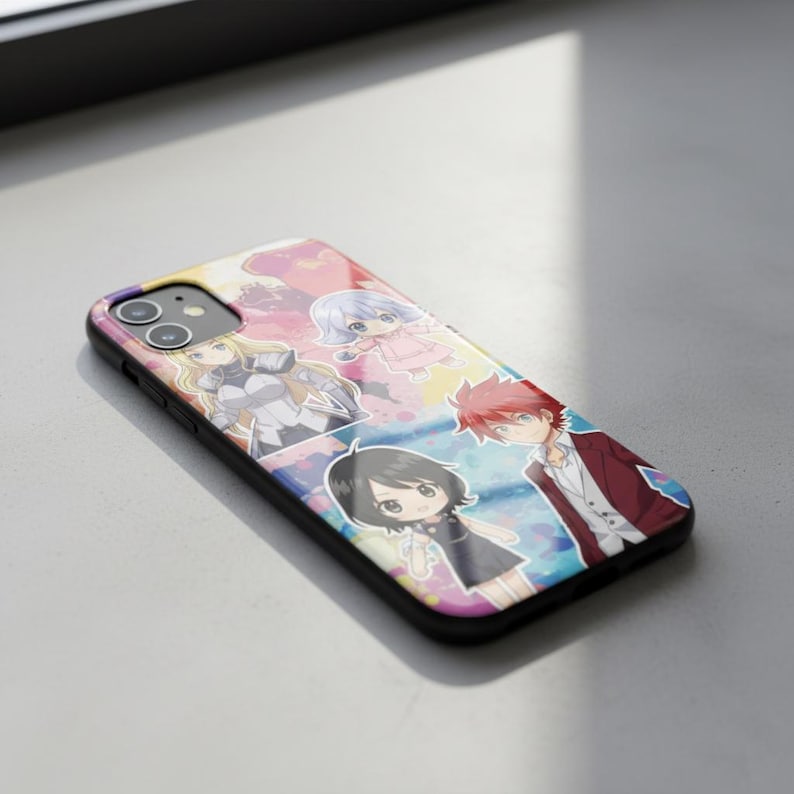 May include: Black smartphone case featuring colorful anime-style character illustrations. The case has a black border and a glossy finish. The design includes multiple characters in various poses and outfits, set against a vibrant, abstract background.