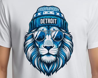 Detroit Lions Shirt, Detroit Lion Head Clipart with Beanie and Sunglasses, Football State Team PNG, Sublimation Design, SVG Digital Download