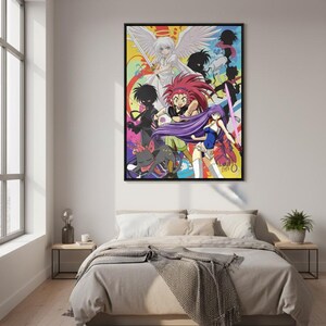 May include: A framed anime art print featuring a group of stylized characters. The artwork showcases a variety of characters with dynamic poses, vibrant colors, and detailed designs. The characters include figures with wings, swords, and long hair, set against a colorful background.