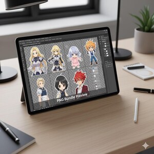 May include: A tablet displays a PNG bundle preview of anime-style character illustrations. The characters have various hair colors and outfits. The tablet is on a wooden desk with a pen, notebook, and a small plant.