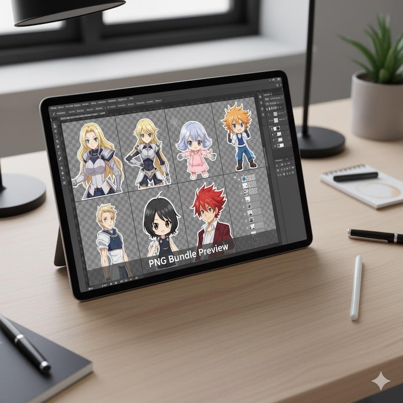 May include: A tablet displays a PNG bundle preview of anime-style character illustrations. The characters have various hair colors and outfits. The tablet is on a wooden desk with a pen, notebook, and a small plant.