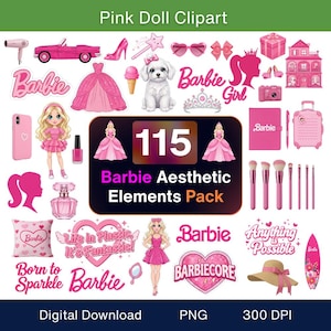 May include: A collection of pink Barbie-themed clipart elements. Includes a pink convertible, high heels, a dog, a doll, a dress, a suitcase, makeup brushes, and text that says "Barbie Aesthetic Elements Pack".
