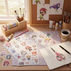 May include: A creative workspace with anime-style character stickers, washi tape, paintbrushes, and art supplies. A notebook with a sketch, scissors, and a pen are also present. A cup of coffee sits nearby.