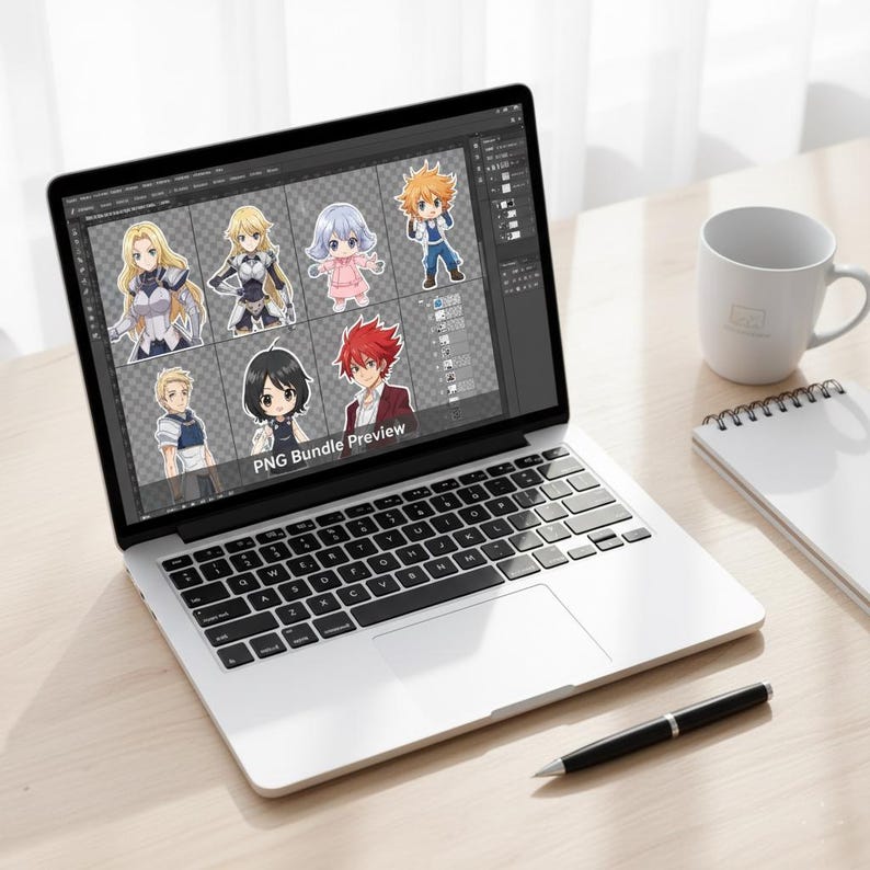 May include: A laptop displays a PNG bundle preview of anime-style character illustrations. The screen shows eight different characters with various hair colors and outfits. A white mug, a notepad, and a pen are on the wooden desk.