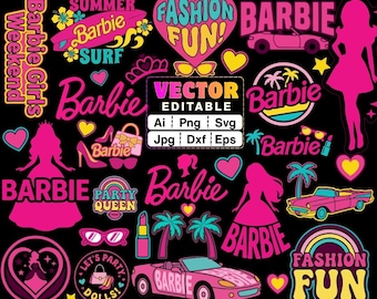 Barbie SVG PNG Bundle | 70 Pink Doll Clipart Files, Fashion Doll Graphics, Barbie Birthday Party Designs, Ai Eps Svg Png Jpg Dxf