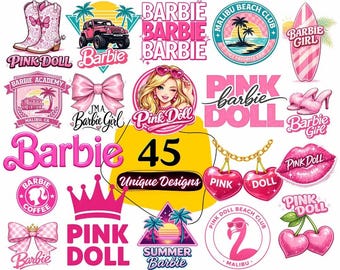 Barbie PNG Bundle | 45 Pink Doll Clipart PNG Files, Fashion Doll Graphics, Barbie Birthday Party, Pink Girl Sublimation, Digital Download