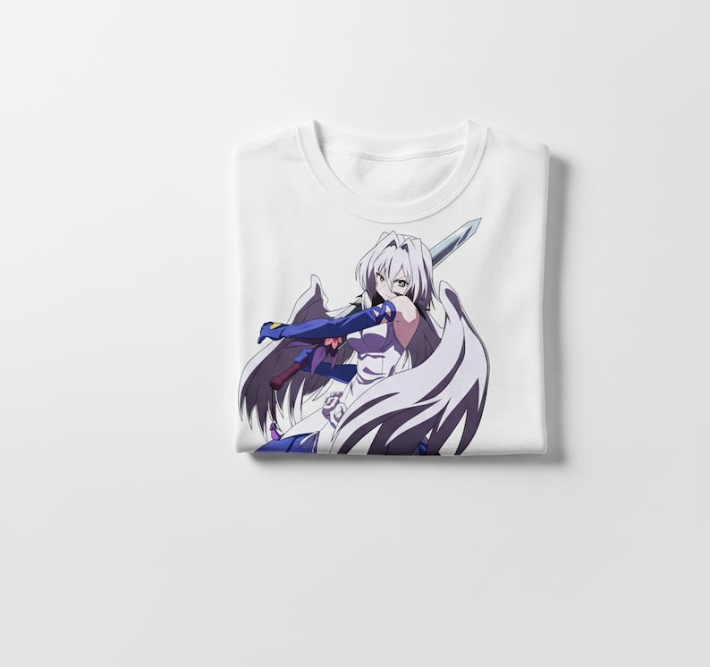 May include: White t-shirt featuring a detailed anime-style illustration of a female character with white hair, wielding a sword. The character is dressed in white and blue armor with large white wings. The shirt is folded.