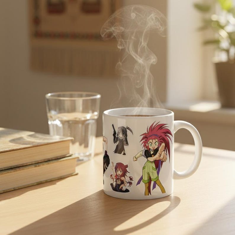 May include: White ceramic mug featuring anime-style character illustrations. The mug contains a dark liquid, with steam rising. The mug is on a wooden table, next to a glass of water and a stack of books.