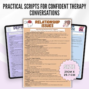 Pu&ograve; includere: Un set di tre fogli di risorse terapeutiche intitolati Practical Scripts for Confident Therapy Conversations, con un documento centrale sui problemi relazionali e un'etichetta rosa che indica 21cm x 29,7cm.