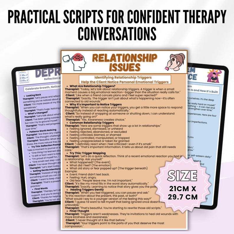 Pu&ograve; includere: Un set di tre fogli di risorse terapeutiche intitolati Practical Scripts for Confident Therapy Conversations, con un documento centrale sui problemi relazionali e un'etichetta rosa che indica 21cm x 29,7cm.