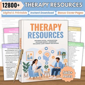 May include: A therapy resources book with a white cover featuring the title Therapy Resources in orange and blue text. The cover illustration shows two people sitting in blue armchairs with a brain graphic and icons. A gold pen rests on the book.