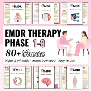 May include: A collection of over 80 digital and printable EMDR therapy sheets covering phases 1 through 8. The documents feature instructional text, diagrams, and illustrations depicting clinical therapy sessions, brain anatomy, and body scans.