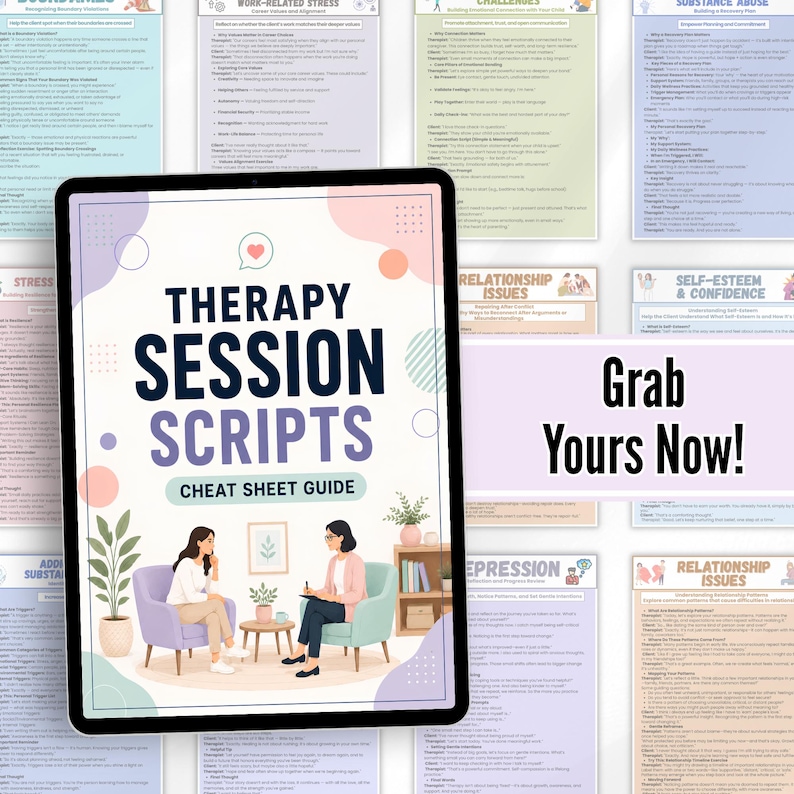 Pu&ograve; includere: Un tablet digitale mostra una copertina intitolata Therapy Session Scripts Cheat Sheet Guide, con un'illustrazione di due persone su poltrone. Lo sfondo mostra diverse pagine di risorse terapeutiche sfocate e un cartello con la scritta Grab Yours Now!