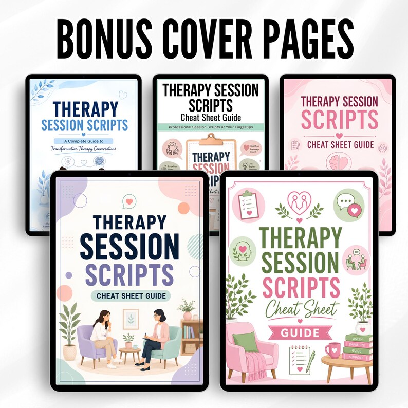 Pu&ograve; includere: Cinque schermi di tablet digitali che mostrano pagine di copertina bonus per una guida ai copioni delle sedute di terapia. I design presentano colori pastello, illustrazioni di ambienti terapeutici, sedie, piante e testo come Therapy Session Scripts.