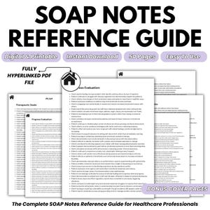 Peut inclure: Un guide de référence SOAP Notes comprenant 50 pages de contenu numérique et imprimable pour les professionnels de santé. Le document inclut un fichier PDF entièrement hyperlié, des sections d'évaluation et des pages de couverture.