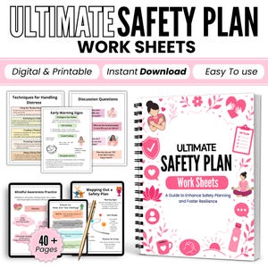 May include: A spiral-bound workbook titled Ultimate Safety Plan Work Sheets with pink floral illustrations, alongside several digital pages featuring techniques for handling distress, early warning signs, and mindful awareness practice.
