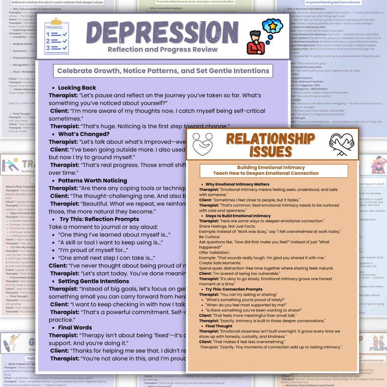 Pu&ograve; includere: Una scheda di terapia color viola chiaro intitolata Depression Reflection and Progress Review, con un dialogo tra terapeuta e cliente, accanto a una scheda beige intitolata Relationship Issues sull'intimit&agrave; emotiva.