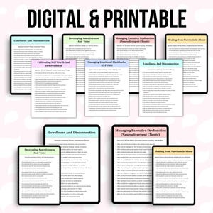 May include: A collection of digital and printable therapy worksheets featuring black text on white backgrounds with colored headers. Titles include Loneliness And Disconnection, Developing Assertiveness And Voice, Managing Executive Dysfunction, and Healing from Narcissistic Abuse.