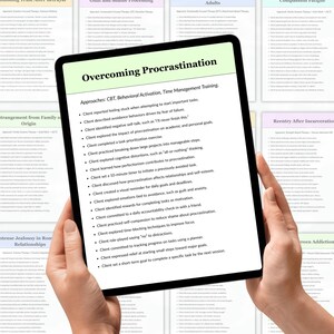 May include: A digital tablet displaying a document titled Overcoming Procrastination, which lists therapeutic approaches including CBT and time management training, followed by a bulleted list of client-focused strategies for task completion.