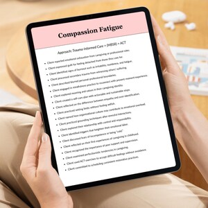 May include: A tablet displaying a document titled Compassion Fatigue with a pink header. The text outlines a trauma-informed care approach, listing bullet points about emotional exhaustion, burnout, mindfulness, self-care, and setting boundaries.