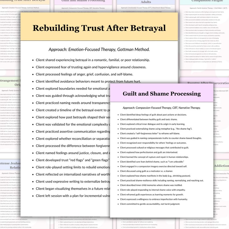 May include: Two therapy resource sheets with black text on white paper. The larger sheet is titled Rebuilding Trust After Betrayal with a tan header, and the smaller sheet is titled Guilt and Shame Processing with a light purple header, both listing bulleted therapeutic approaches.