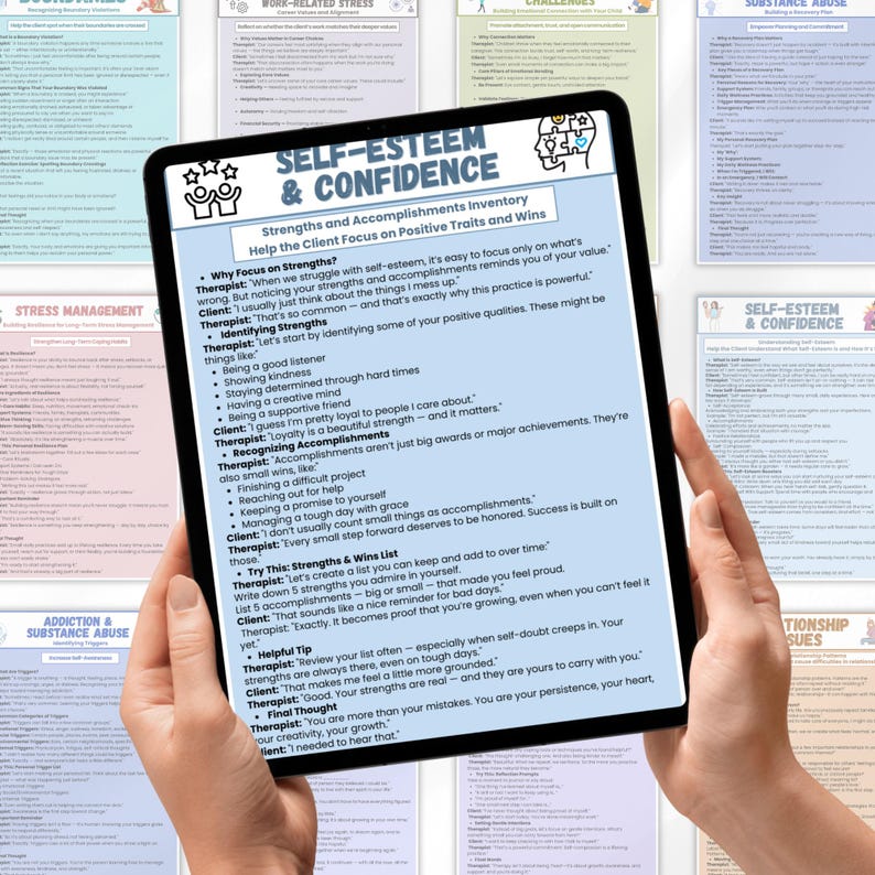 Pu&ograve; includere: Un tablet digitale che mostra una scheda di terapia intitolata Self-Esteem & Confidence. Il documento presenta sezioni sull'inventario dei punti di forza e dei risultati, inclusi dialoghi, elenchi puntati e un'icona a forma di pezzo di puzzle.