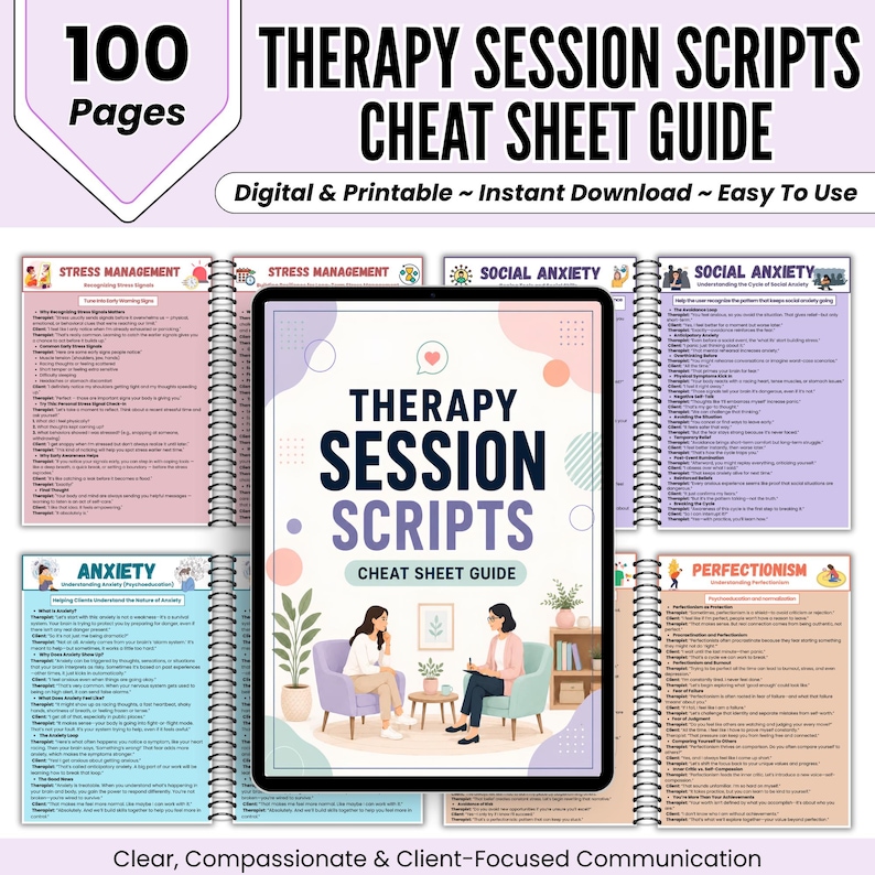 Pu&ograve; includere: Una guida digitale di script per sessioni di terapia di 100 pagine stampabili. La copertina mostra un'illustrazione di due persone sedute su poltrone, con pagine interne che trattano la gestione dello stress, l'ansia sociale e il perfezionismo.