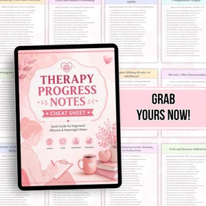 May include: A digital tablet displays a pink-themed Therapy Progress Notes Cheat Sheet with an illustration of a person writing on a clipboard, a pink mug, and a heart. The text reads Therapy Progress Notes Cheat Sheet, Quick Guide for Organized, Effective & Meaningful Notes, Assess, Plan, Intervene, Progress, and Grab Yours Now.