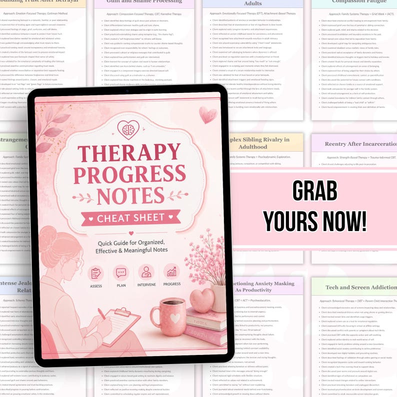 May include: A digital tablet displays a pink-themed Therapy Progress Notes Cheat Sheet with an illustration of a person writing on a clipboard, a pink mug, and a heart. The text reads Therapy Progress Notes Cheat Sheet, Quick Guide for Organized, Effective & Meaningful Notes, Assess, Plan, Intervene, Progress, and Grab Yours Now.