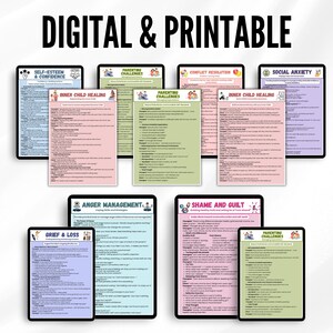 Pu&ograve; includere: Una raccolta di schede di terapia digitali e stampabili che coprono vari argomenti di salute mentale, tra cui autostima, sfide genitoriali, risoluzione dei conflitti, ansia sociale, guarigione del bambino interiore e lutto.