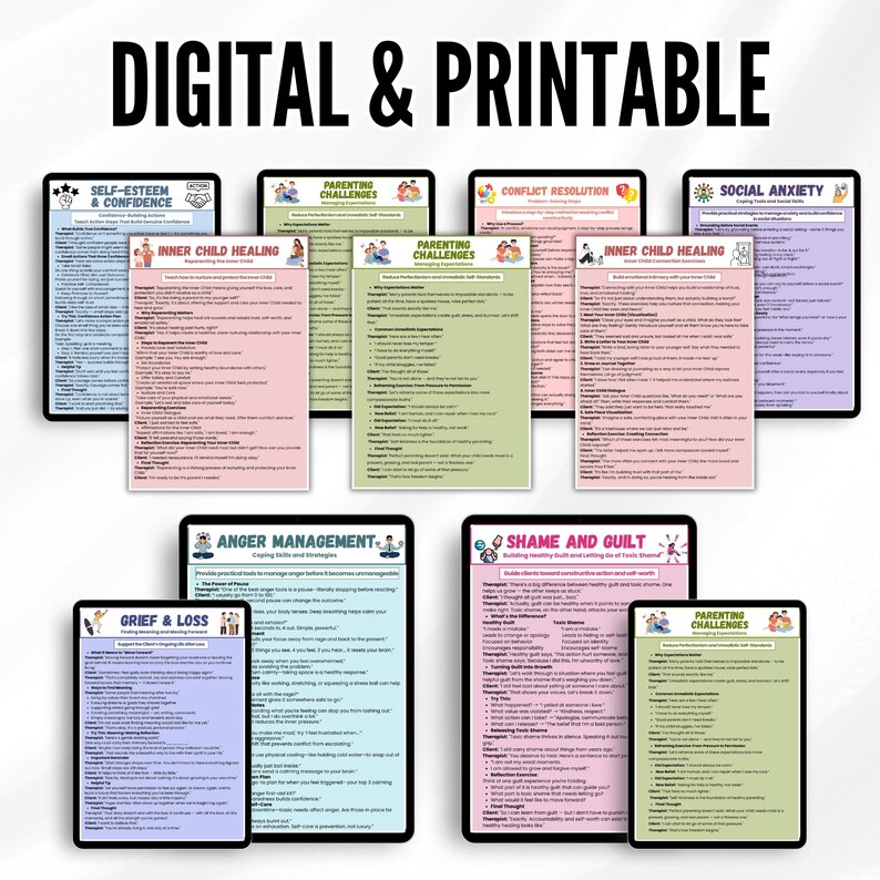 Pu&ograve; includere: Una raccolta di schede di terapia digitali e stampabili che coprono vari argomenti di salute mentale, tra cui autostima, sfide genitoriali, risoluzione dei conflitti, ansia sociale, guarigione del bambino interiore e lutto.
