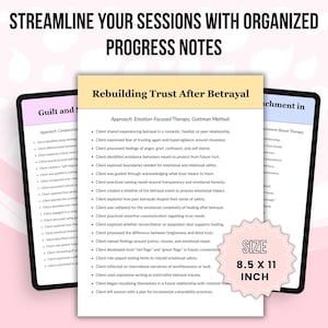 May include: A set of three therapy progress note templates with the text Streamline Your Sessions With Organized Progress Notes. The central document is titled Rebuilding Trust After Betrayal and lists therapeutic approaches. Size 8.5 x 11 inch.